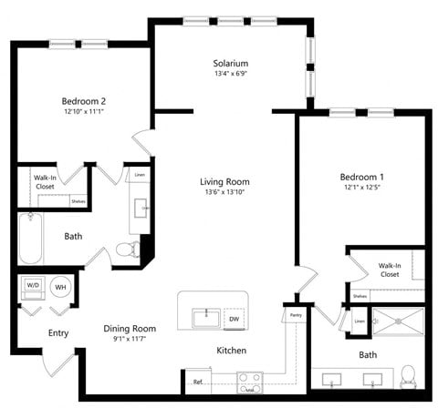 Floor plan for 2 beds, 2 baths, 1247 sqft